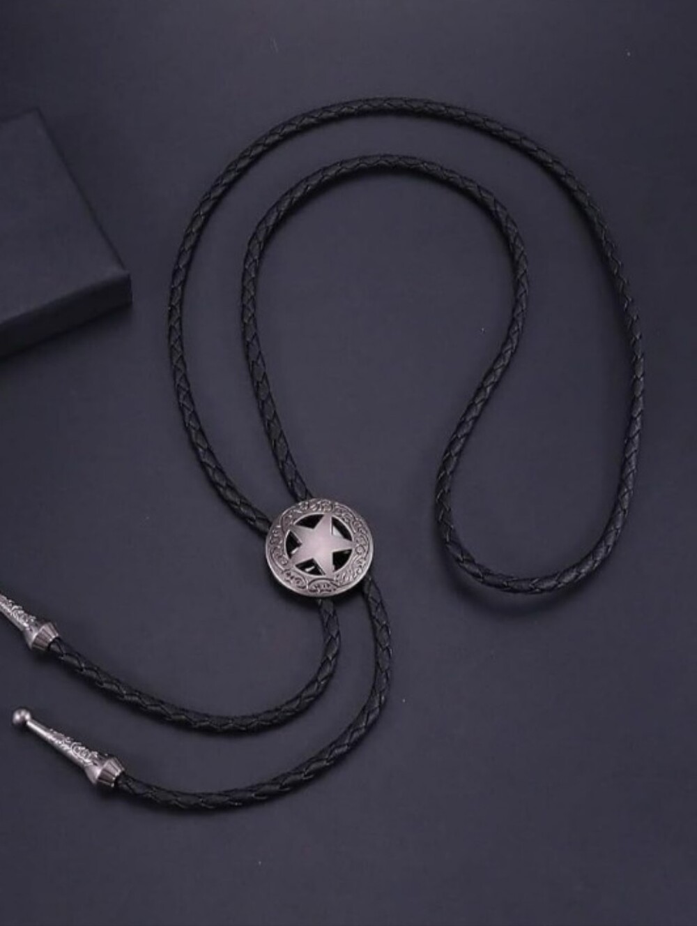 NWT Western Silver Star Bolo Tie Black Braided Leather Cord Texas Star Jewelry